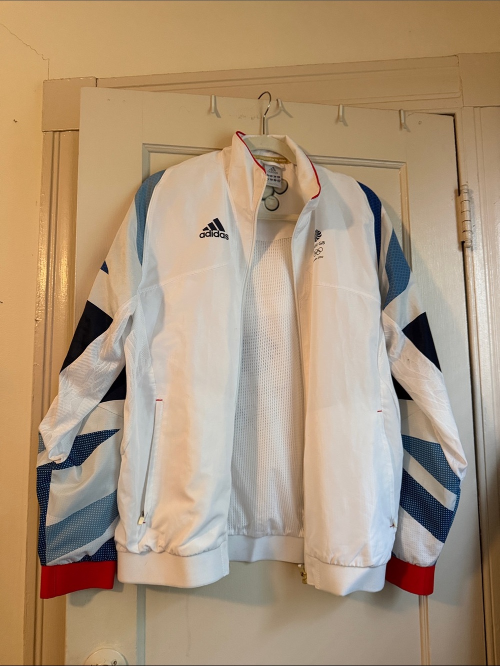 adidas White Windbreaker Jacket with Blue and Red Accents